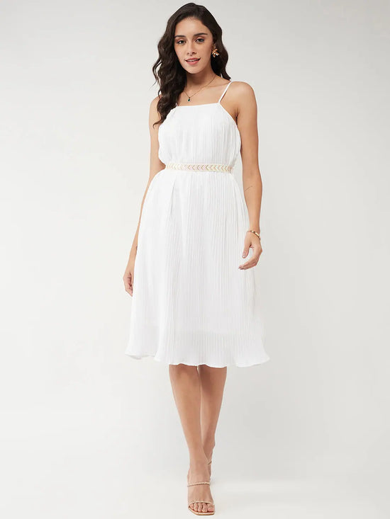 Solid Pleated Strappy Dress-ZL8291WHT-XS