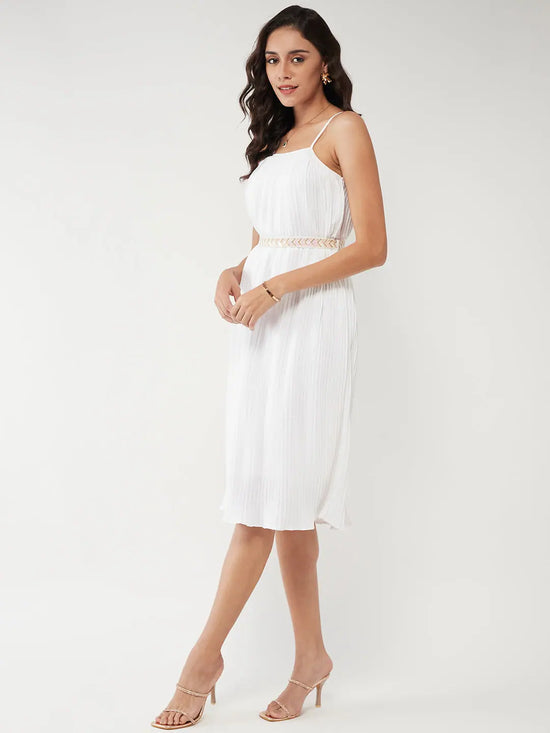 Solid Pleated Strappy Dress-ZL8291WHT-XS