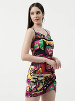 Picasso Inspired Digital Printed Cowl Neck Overlap Dress