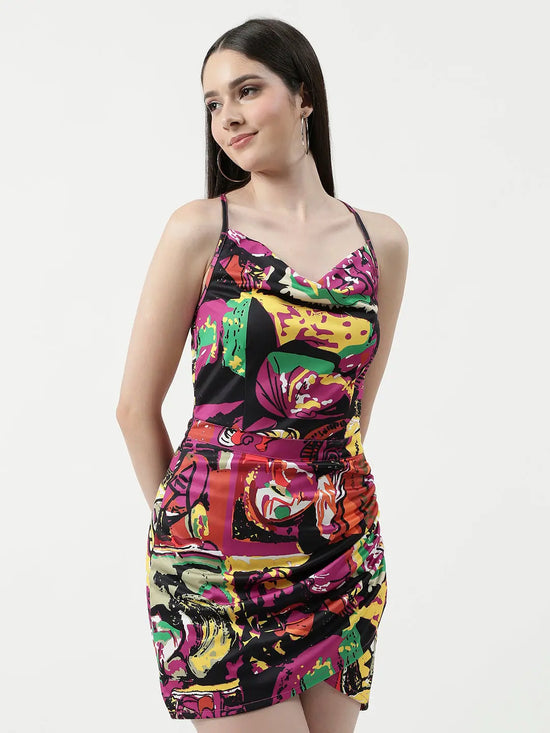 Picasso Inspired Digital Printed Cowl Neck Overlap Dress