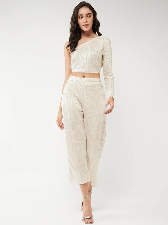 Shimmer Pleated One-Shoulder Top With Pant Set