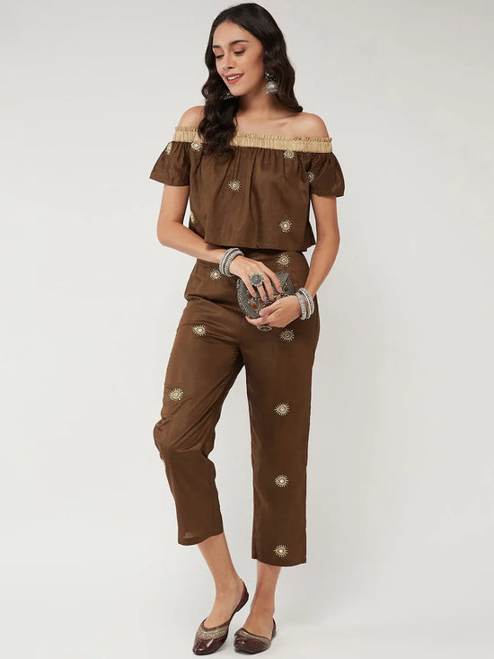 Fusion Embroidered Off-Shoulder Top With Matching Pant Set