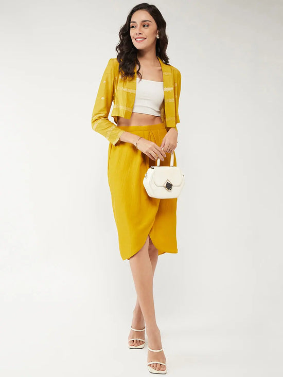 Self-Embellished Short Blazer With Dhoti Drape Skirt Set