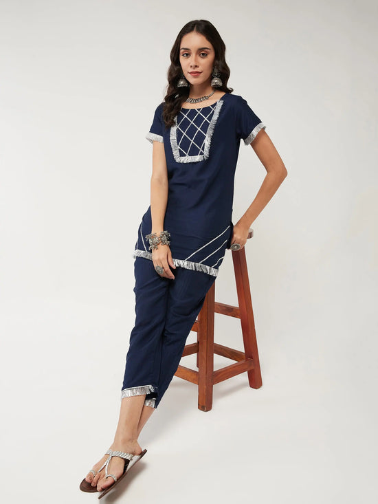 Solid Semi-Festive Short Lace Detailed Kurta With Pant Set