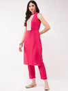 Festive Solid Sleeveless Kurti With Lace Yoke And Matching Pant Set