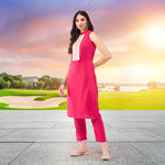 Festive Solid Sleeveless Kurti With Lace Yoke And Matching Pant Set