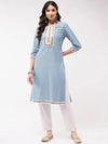 Festive White Embroidered Neck-Patch Kurta With Laces