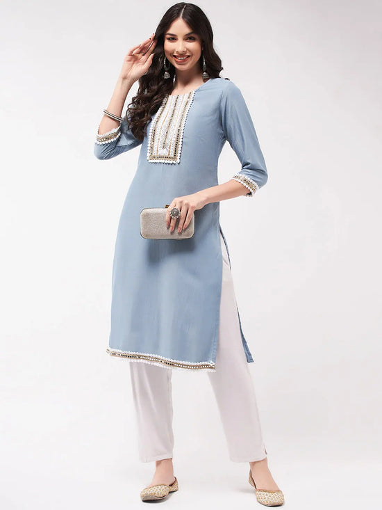 Festive White Embroidered Neck-Patch Kurta With Laces