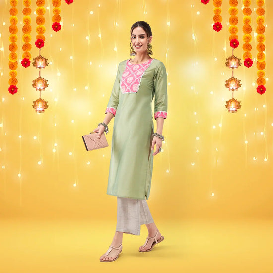 Semi-Festive Pastel Lace Yoke Detailed Straight Kurta