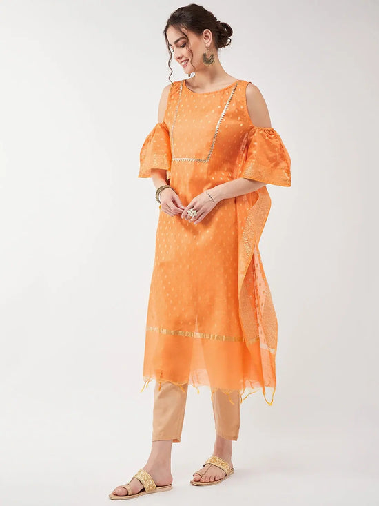 Semi-Festive Banarasi Cold-Shoulder Kaftan Kurta