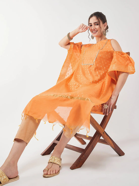 Semi-Festive Banarasi Cold-Shoulder Kaftan Kurta