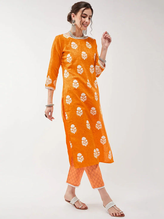 Casual Printed Kurta With Lace Detailed Pant Set