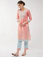 Festive Pastel Embroidered Neck Kurta With Pant Set