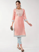 Festive Pastel Embroidered Neck Kurta With Pant Set