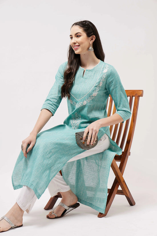 Chambray Embroidered Quarter Sleeves Kurta-PK4486GREEN-S