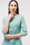 Chambray Embroidered Quarter Sleeves Kurta-PK4486GREEN-S