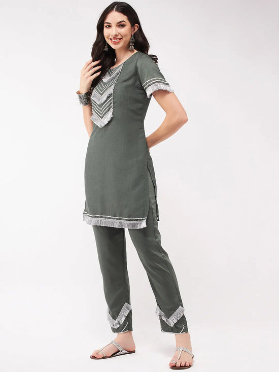 Festive Solid Yoke Short Kurti With Fringe Lace And Matching Pant Set