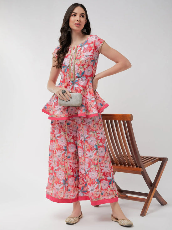 Printed Short Peplum Kurta With Lace Details And Panelled Flared Pant Set