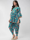 Digital Printed Short Empire-Cut Kurta With Drop Lace Details And Dhoti Pant Set