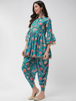 Digital Printed Short Empire-Cut Kurta With Drop Lace Details And Dhoti Pant Set