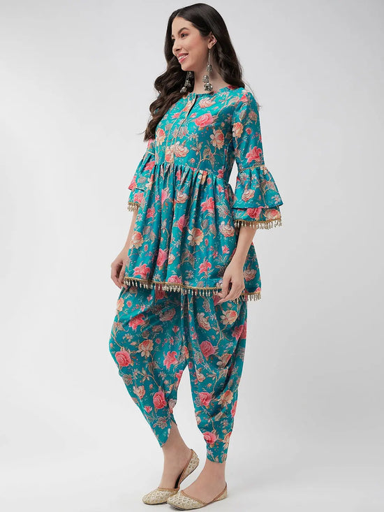 Digital Printed Short Empire-Cut Kurta With Drop Lace Details And Dhoti Pant Set