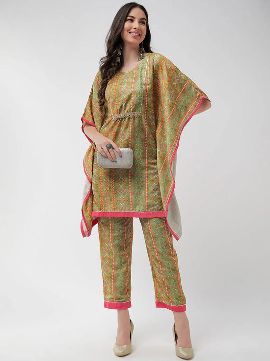 Digital Printed Embellished Yoke Kaftan Short Kurta With Pant Set