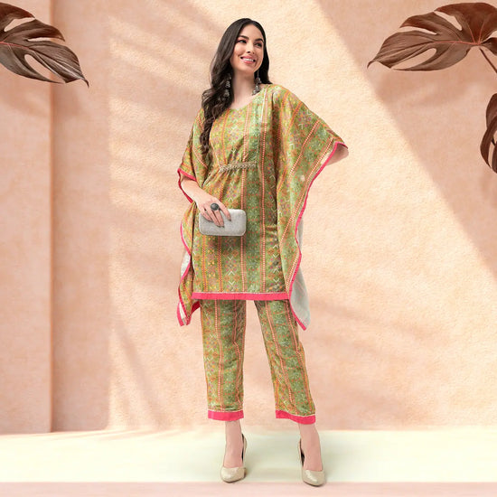 Digital Printed Embellished Yoke Kaftan Short Kurta With Pant Set