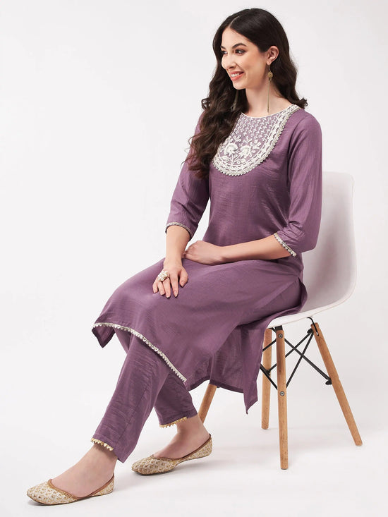 Festive Embroidered Round Neck-Patch Kurta With Laces