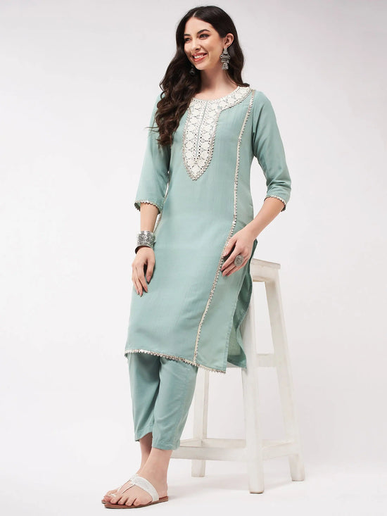 Festive Embroidered Neck-Patch Panelled Kurta With Laces-PK4512-S