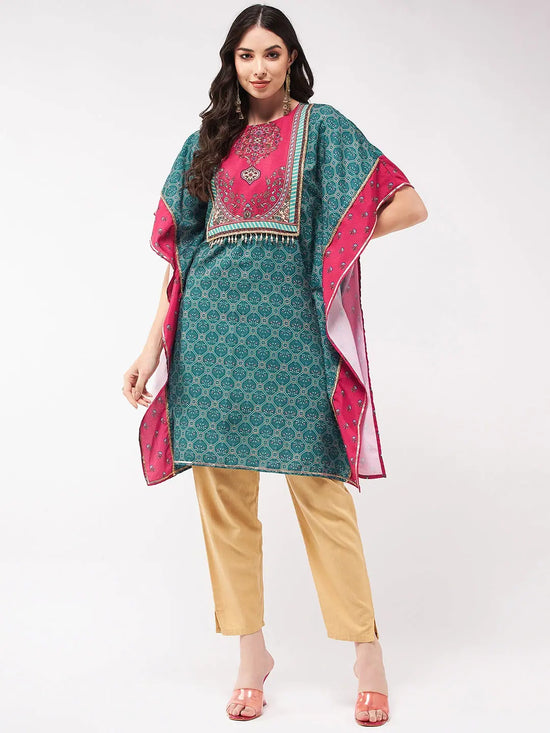 Wedding Inspired Digital Printed Kaftan Kurta With Lace At Yoke