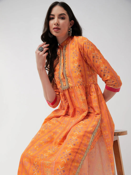 Wedding Inspired Digital Floral Printed Kurta With Lace At Placket