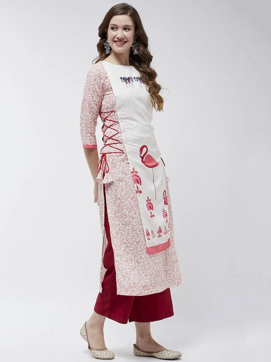 Side Dori Flamingo Printed Kurta-PK4377WHT-S