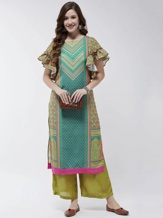 Jaipur Haat Placement Kurta With Flared Sleeves-PK4404GRN-S