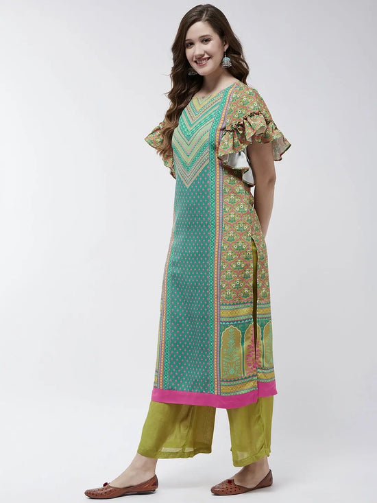 Jaipur Haat Placement Kurta With Flared Sleeves-PK4404GRN-S