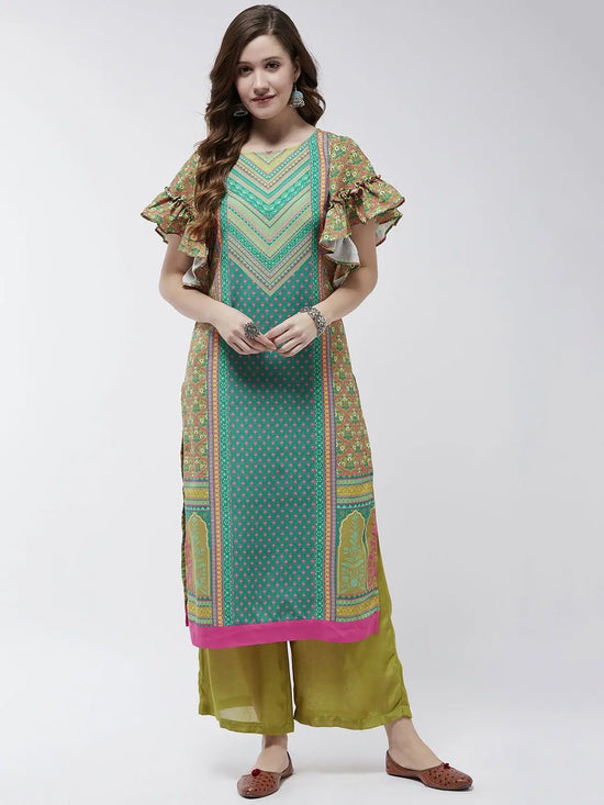 Jaipur Haat Placement Kurta With Flared Sleeves-PK4404GRN-S