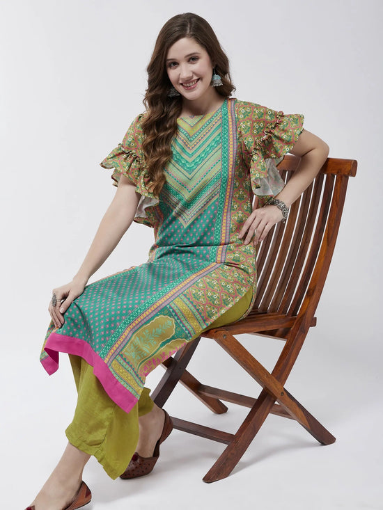 Jaipur Haat Placement Kurta With Flared Sleeves-PK4404GRN-S