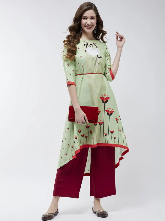 Dori Asymmetric Flamingo Printed Kurta-PK4374GRN-S