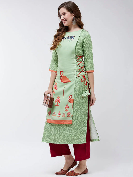 Side Dori Flamingo Printed Kurta-PK4377GRN-S