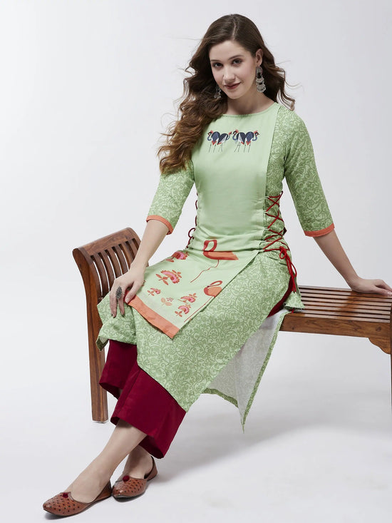 Side Dori Flamingo Printed Kurta-PK4377GRN-S