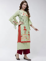 Bell Sleeves Layered Flamingo Printed Kurta-PK4375GRN-S