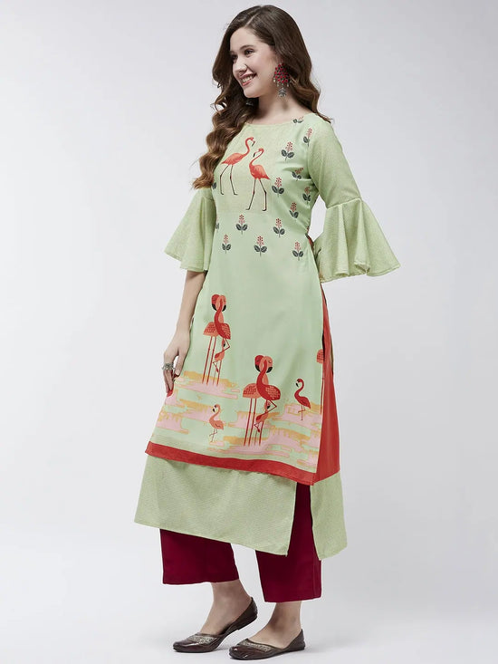 Bell Sleeves Layered Flamingo Printed Kurta-PK4375GRN-S