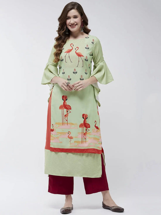 Bell Sleeves Layered Flamingo Printed Kurta-PK4375GRN-S