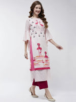 Bell Sleeves Layered Flamingo Printed Kurta-PK4375WHT-S