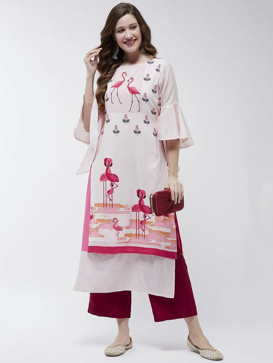 Bell Sleeves Layered Flamingo Printed Kurta-PK4375WHT-S