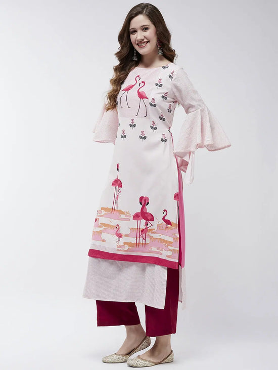 Bell Sleeves Layered Flamingo Printed Kurta-PK4375WHT-S