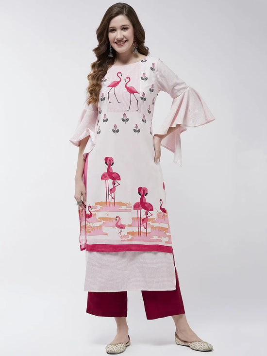 Bell Sleeves Layered Flamingo Printed Kurta-PK4375WHT-S