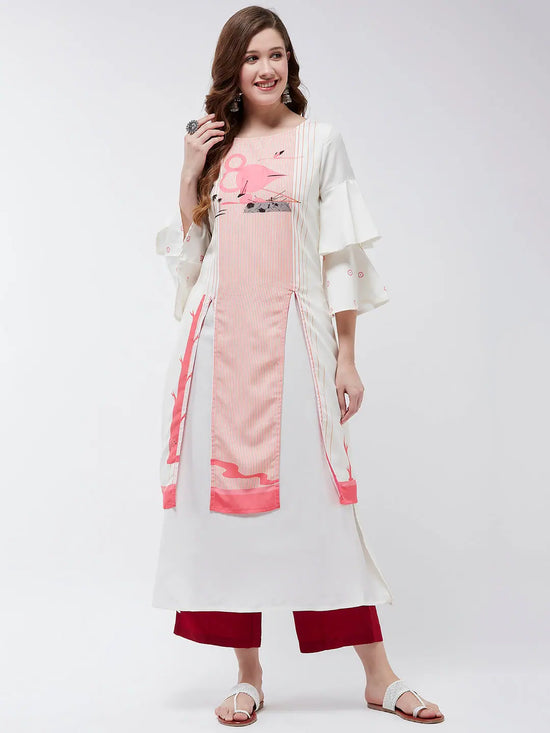 Double Layered Flamingo Printed Kurta-PK4372WHT-S