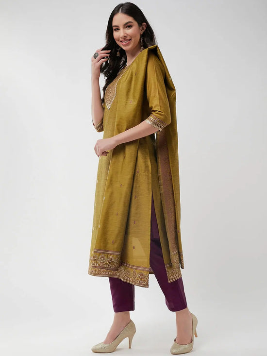 Festive Jacquard Neck Patch Kurta With Dupatta And Matching Pants-PKC10199-S