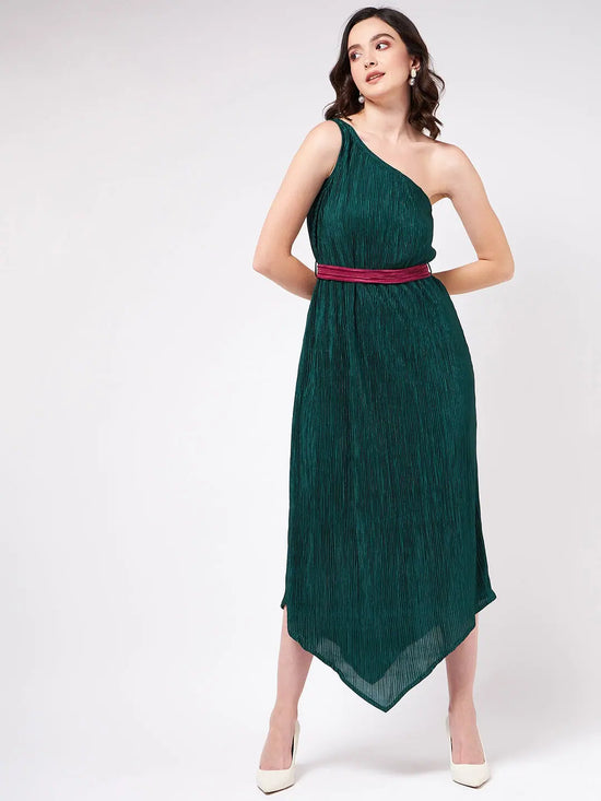 Solid Pleated One-Shoulder Maxi Dress