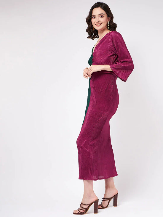 Solid Pleated Half N Half Color Blocking Maxi Dress